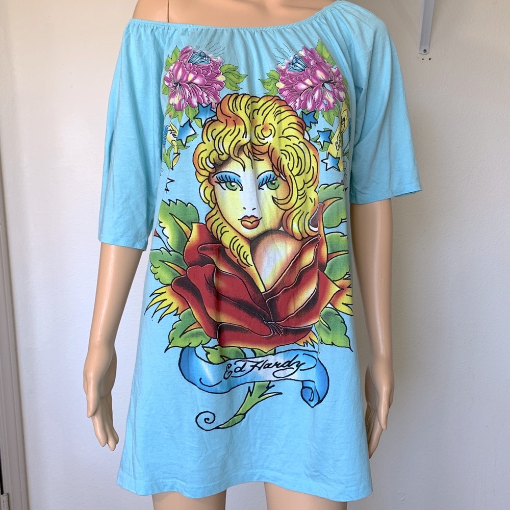 NWT Ed Hardy by Christian Audigier Dress Deadstock Vintage Blue TShirt Dress
